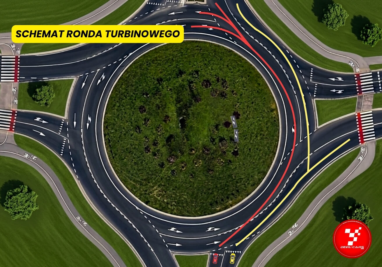 Schemat ronda turbinowego z przykładowymi torami jazdy
